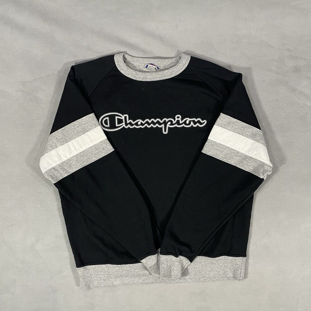 Champion Men’s L Colorblock Crewneck Sweater Script Logo Black Gray Ribbed Cuffs